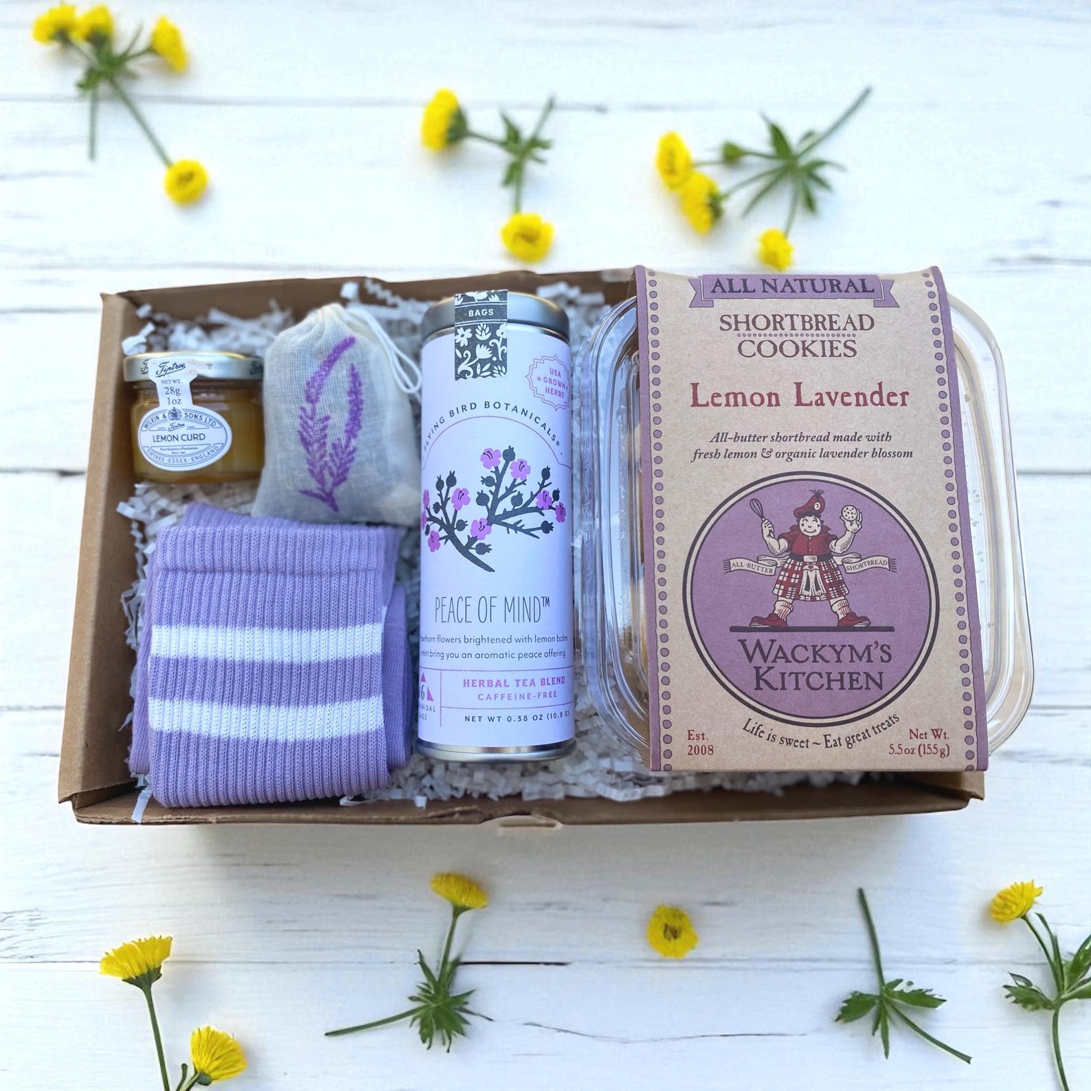 Lavender Tea Gift Box  Tea and Cookies Care Package  Tea Shortbread Cookies Lemon Curd Lavender Sachet Socks  Choose Your Card