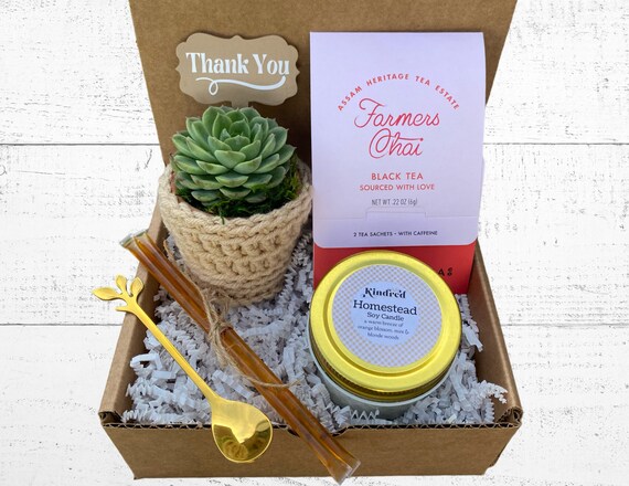 Tea & Plant Gift Box - Care Package - Plant Gift Box - Succulent with Plant Cozy and Plant Stake, Tea for Two, Soy Candle and Golden Spoon