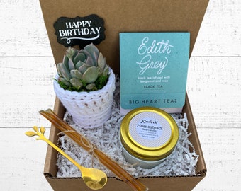 Tea & Plant Gift Box - Care Package - Plant Gift Box - Succulent with Plant Cozy and Plant Stake, Tea for Two, Soy Candle and Golden Spoon