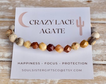 HAPPINESS Gemstone Bracelet - Crazy Lace Agate Crystal Bracelet - Gemstone Bracelet - Bracelet Gift - Stacking Bracelet - Yoga Jewelry