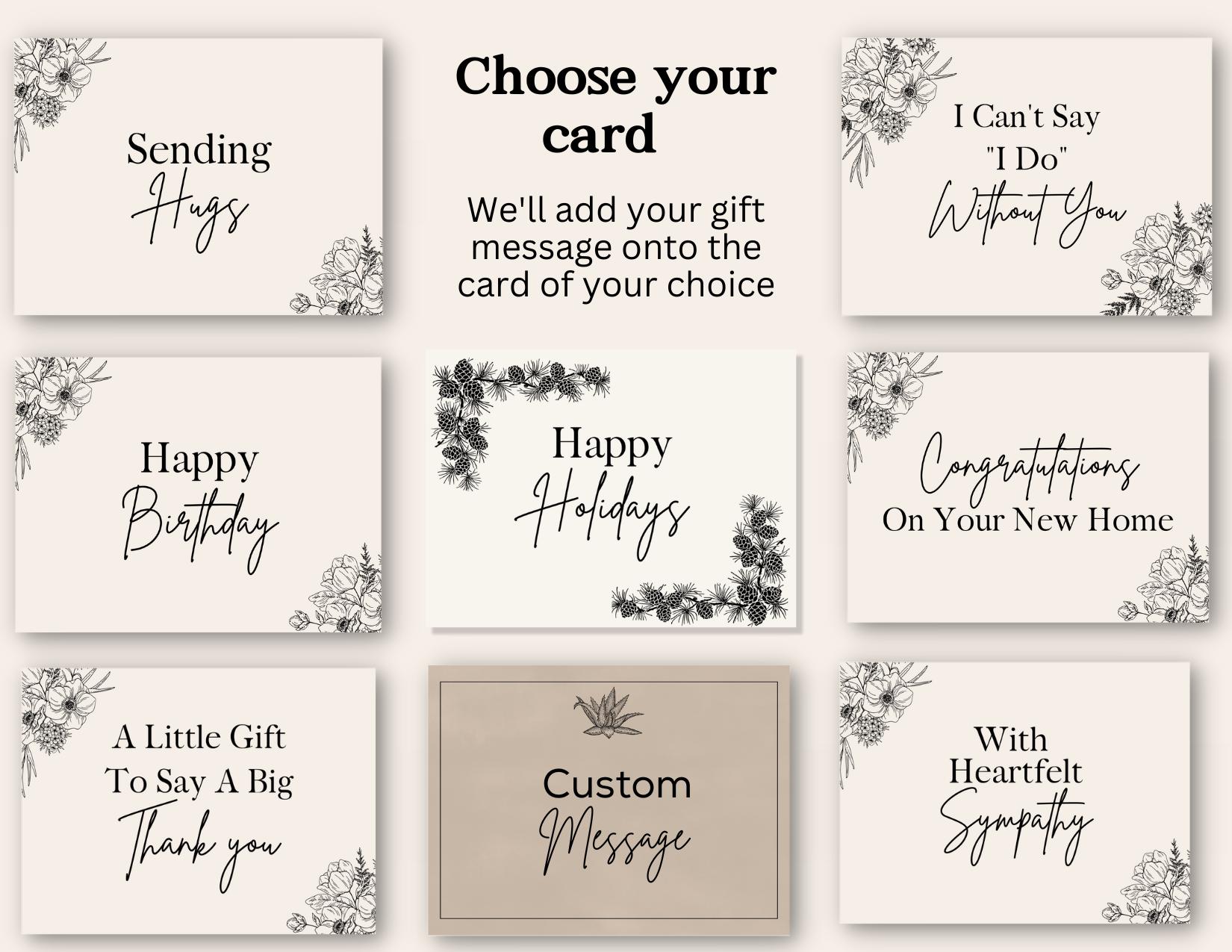 Op de afbeelding: Negen verschillende kaartontwerpen met bloemmotieven. De kaarten bevatten berichten zoals "Sending Hugs", "Happy Birthday", "Happy Holidays", "I Can't Say 'I Do' Without You", "Congratulations On Your New Home", "A Little Gift To Say A Big Thank You", "Custom Message", en "With Heartfelt Sympathy".