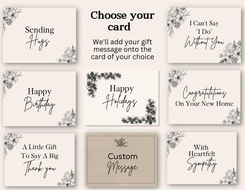 Op de afbeelding: Negen verschillende kaartontwerpen met bloemmotieven. De kaarten bevatten berichten zoals "Sending Hugs", "Happy Birthday", "Happy Holidays", "I Can't Say 'I Do' Without You", "Congratulations On Your New Home", "A Little Gift To Say A Big Thank You", "Custom Message", en "With Heartfelt Sympathy".