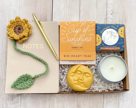 Sunshine Care Package - Tea, Shower Steamers,  Flower Bookmark, Moon Soap, Notebook & Candle - Gift Box - Book Lover Gift - Choose Your Card