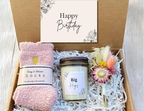 Birthday Gift Box - Birthday Gift For Her - Pink Socks, Bouquet & Candle Gift - Gift For Galantines - Big Hugs Gift for Birthday