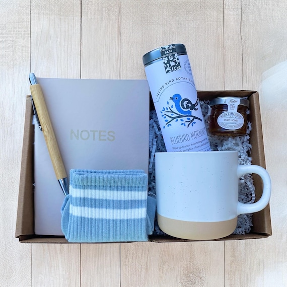 Bluebird Morning Tea Gift Box - Tea Care Package - Organic Tea, Mug, Mini Honey, Notebook, Pen & Matching Cozy Socks - Choose Your Card