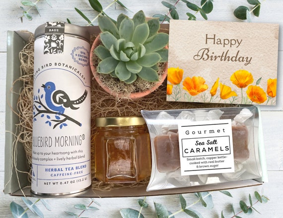 Gift Box - Tea & Plant Gift box - Happy birthday care package with succulent, tea, honey and caramels - Birthday Gifts - Client Gifts