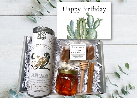 Happy Birthday Tea Care Package - Tea & Honey Box With Caramels - Birthday Gifts - Organic Tea Gift Box