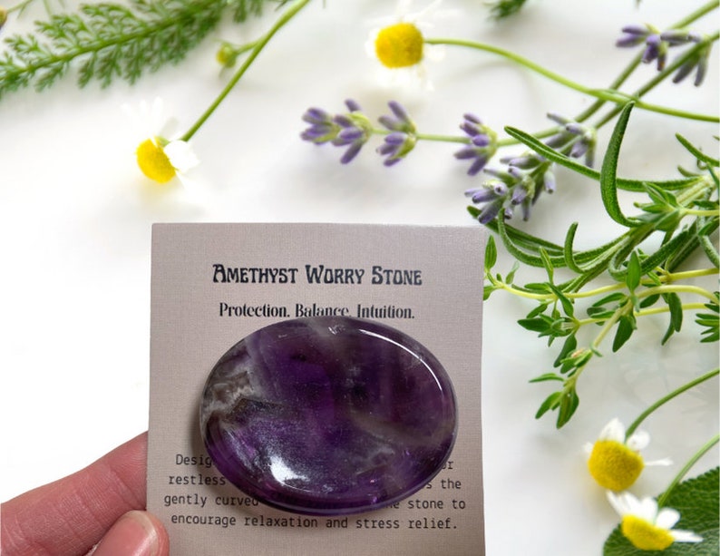 Amethyst Worry Stone - Anti-Anxiety - Self Care Rubbing Stone - Amethyst Meditation Stones - Stress Relief - Protection