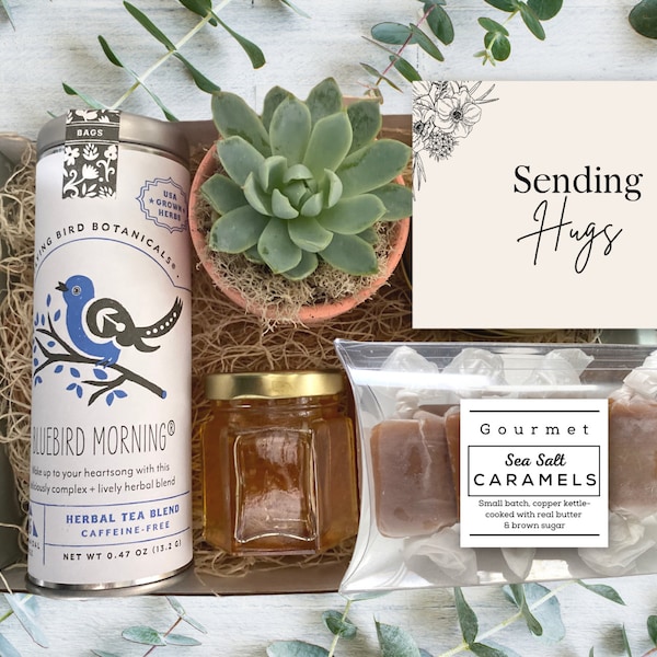 Sending Hugs Gift Box - Tea & Plant Gift Basket - Care Package - Thinking of You - Gift for Friend - Sending Hugs Gift Basket - Comfort Gift