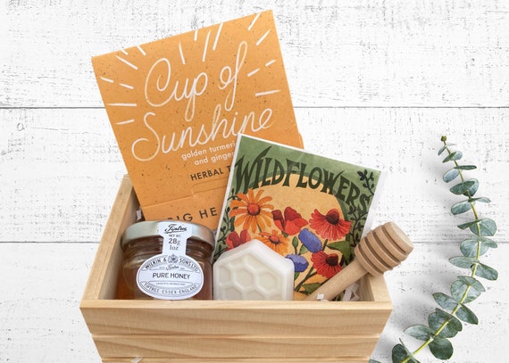 Build a Box Item - Sunshine Set - Cup of Sunshine Tea, Honey with Wooden Dipper, Wildflower Seeds & Mini Honey Comb Soap
