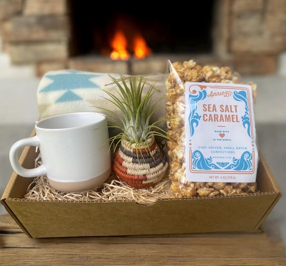 Cozy Movie Night Gift - Blanket Gift Box for New Home - Cozy Care Package - Blanket, Mug, Caramel Popcorn & Air Plant in Mini Palm Basket