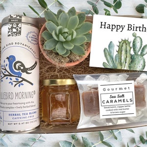 Geschenkbox – Tee- und Pflanzen-Geschenkbox – Happy Birthday-Pflegepaket mit Sukkulenten, Tee, Honig und Karamell – Geburtstagsgeschenke – Kundengeschenke