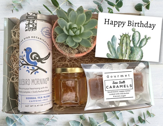 Gift Box - Tea & Plant Gift box - Happy birthday care package with succulent, tea, honey and caramels - Birthday Gifts - Client Gifts