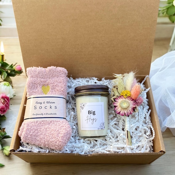 Big Hugs Gift - Friendship Gift - Pink Socks, Bouquet & Candle Gift - Choose Your Card - Birthday Gift - Thank You - Sympathy- Bridesmaid