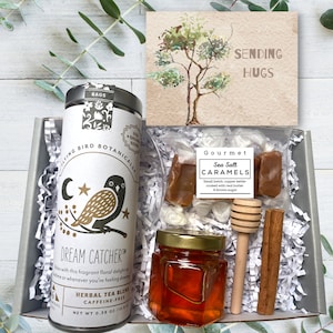 Paquet de soins Envoi de câlins - Boîte de thé et de miel avec caramels - Cadeaux de soutien - Coffret cadeau de thé bio - Coffret cadeau de câlins - Choisissez votre carte