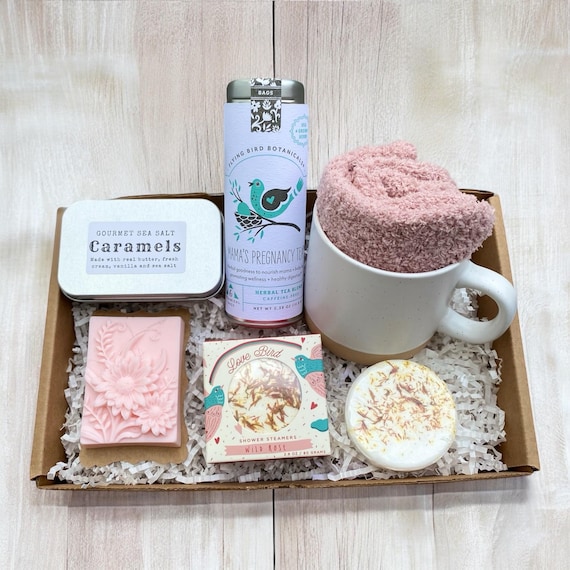 Pregnancy Gift Box - New Mama Gift - Pregnancy Tea, Wild Rose Shower Steamers, Wildflower Soap, Mug, Cozy Pink Socks & Sea Salt Caramels