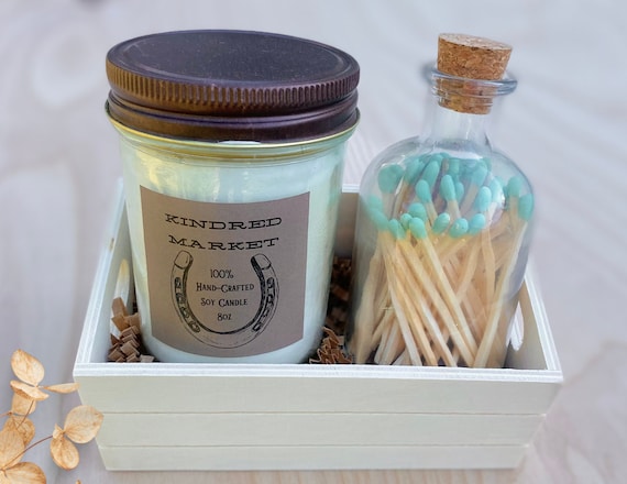 Build a Box Candle & Matches Set - Rustic Soy Candle and Colored Matchsticks in Apothecary Jar - Lavender or Mint Tips