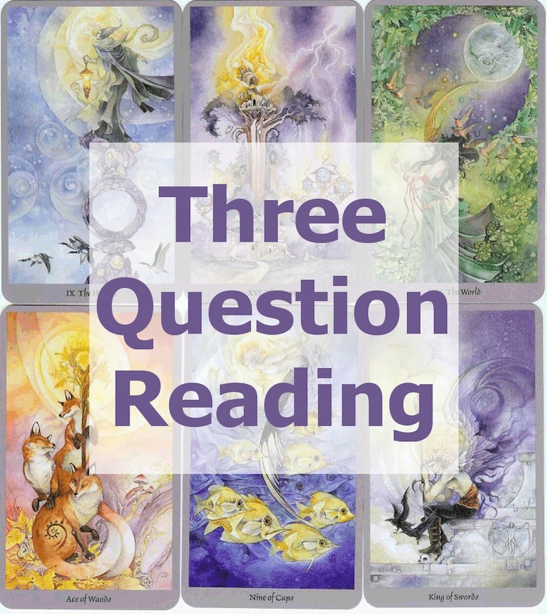 K&ouml;nnte beinhalten: Eine Tarotkartenlesung mit sechs illustrierten Karten und einer lila &Uuml;berlagerung mit der Aufschrift "Three Question Reading". Die Karten zeigen verschiedene Szenen, darunter eine Figur mit einer Laterne, einen Baum mit Blitzen und eine Gruppe von F&uuml;chsen.