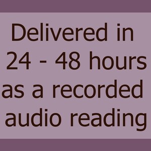 K&ouml;nnte beinhalten: Rechteckiges Bild mit dem Text "Delivered in 24 - 48 hours as a recorded audio reading" in dunkelbrauner Schrift. Der Hintergrund ist ein ged&auml;mpftes Lila.