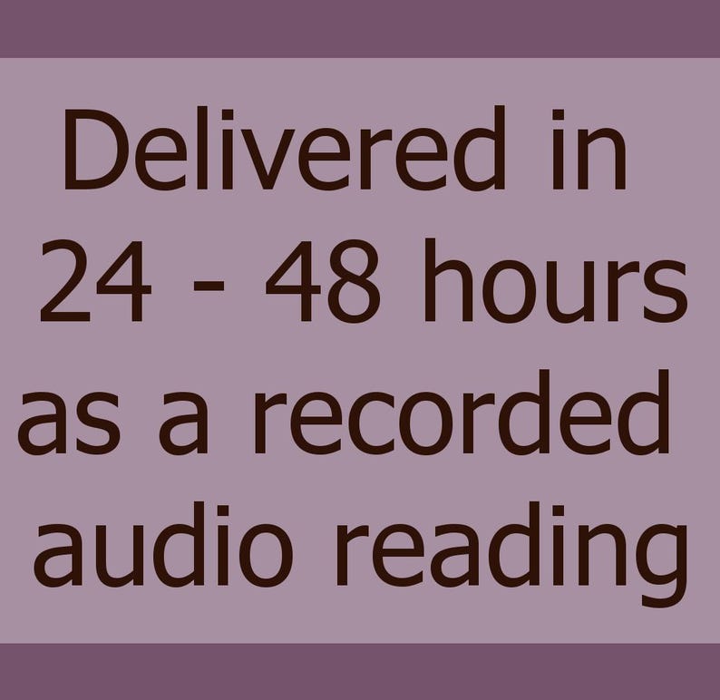 K&ouml;nnte beinhalten: Rechteckiges Bild mit dem Text "Delivered in 24 - 48 hours as a recorded audio reading" in dunkelbrauner Schrift. Der Hintergrund ist ein ged&auml;mpftes Lila.