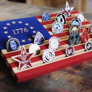 Customizable Wooden Desk Stand Challenge Coin Holder , Retirement Gift, Army, Navy, Marine, Air Force