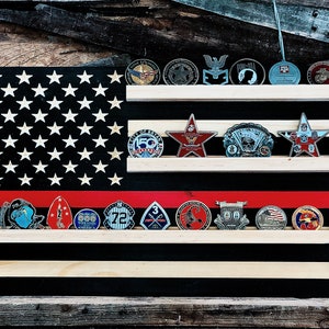 Customizable Thin Red Line Wooden Coin Holder, Wooden Flag, Firefighter Gift