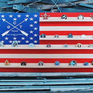 Customizable Wooden American Challenge Coin Holder Display Flag, Retirement Gift, Army, Navy, Marine, Air Force