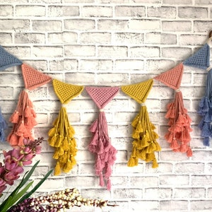 Multicoloured macrame bunting/garland with hand tied tassels
