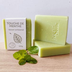 Handmade avocado oil soap with a mojito-style mint scent. Available in 50g or 100g sizes. image 1