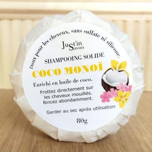 Shampooing solide coco monoï, doux pour tous cheveux. Sans sulfate.