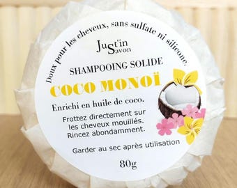 Shampooing solide coco monoï, doux pour tous cheveux. Sans sulfate.
