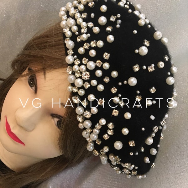 Handmade Pearl Crystal Embroidered Beret Warm Hat