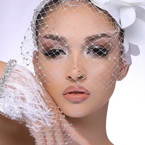 Wedding Headband, Birdcage Veil on Headband, Veil Hair Accessorize, Bridal Headband, Floral Headband, French Netting Veil Headpiece