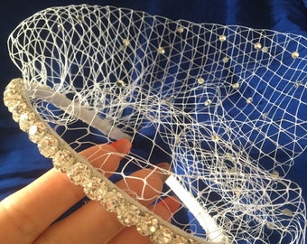 Wedding Veil With Crystals on Crystal Headband, Crystal Birdcage Veil, French Netting Veil