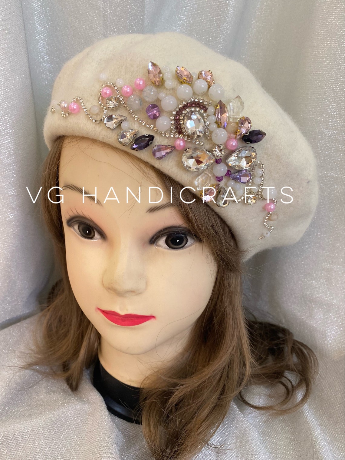 Handmade Pearl Crystal Embroidered Beret Warm Hat Etsy