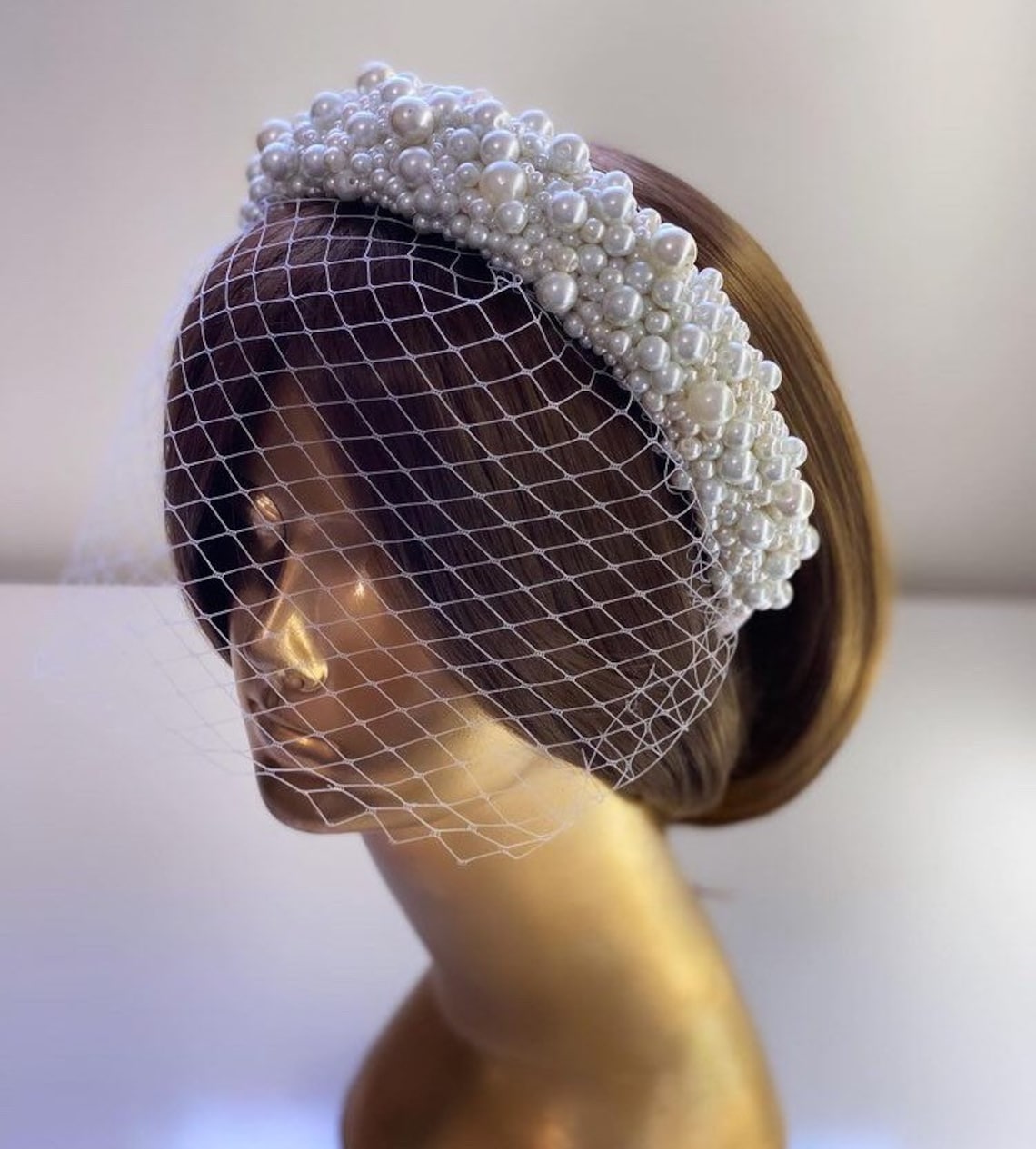 Pearl Beaded Wedding Headband Birdcage Veil, Detachable Birdcage Veil