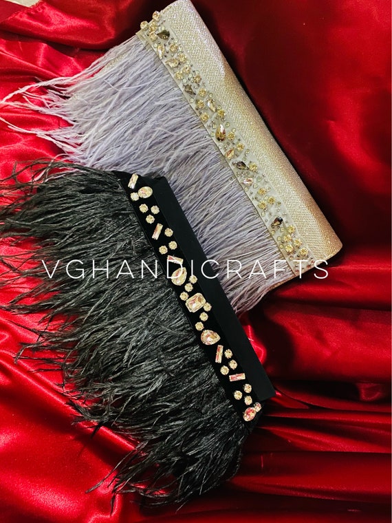 Handmade Exclusive Design Black Feather Clutch with Earrings, Evening Feather Handbag with Feather Earrings