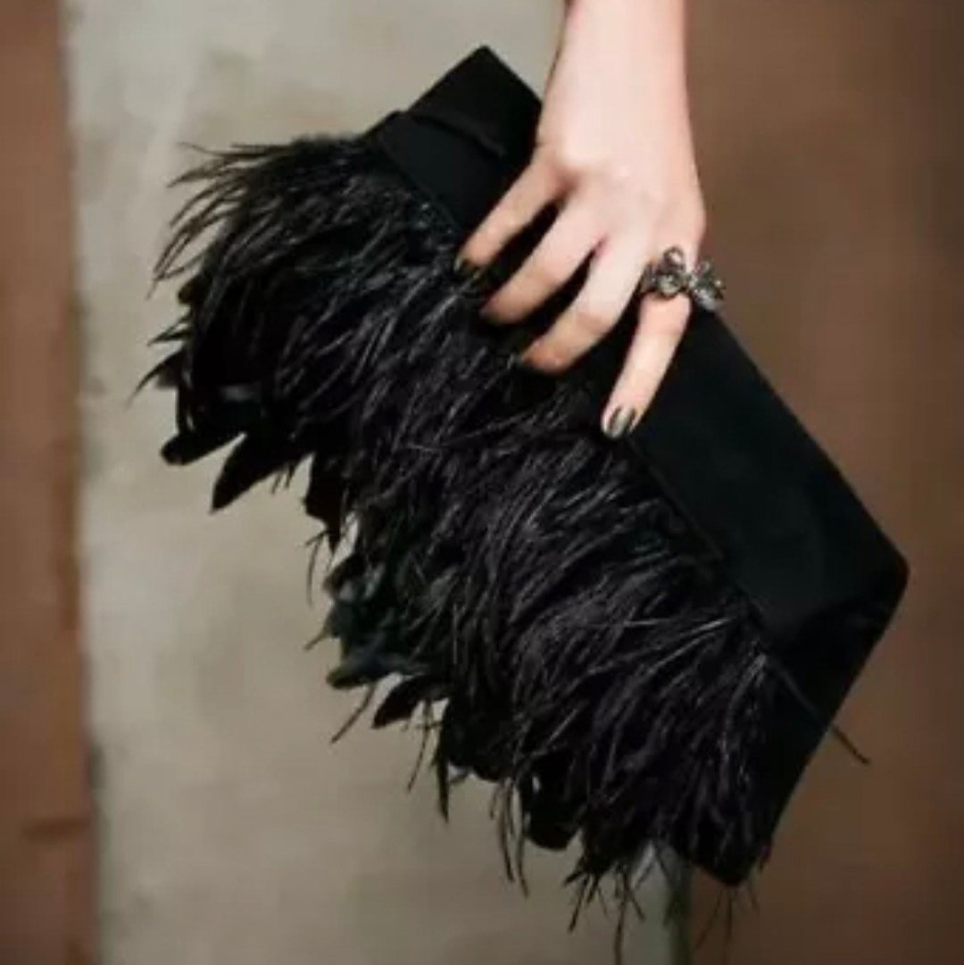 Handmade Exclusive Design Black Feather Clutch With Earrings, Evening
