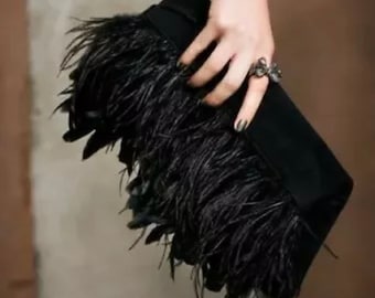 Handmade Exclusive Design Black Feather Clutch with Earrings, evening feather Handbag with feather earrings