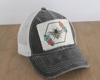 Spring Baseball Cap, Gardener Trucker Hat, Summer Cap For Women, Ponytail Distressed Hat, Bumble Bee Trucker Hat, Bee Hat, Beekeeper Hat