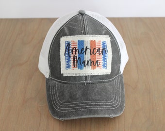 American Trucker Hat, Patriotic Hat for Women, 4th of July Hat, USA Baseball Cap, Mama Trucker Hat, Red White and Blue Hat, July Fourth Hat