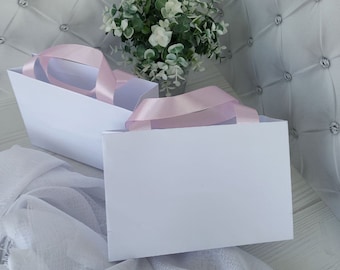 Sacs en papier blancs avec poignées en ruban de satin rose 20*14*7 cm - Petit sac en papier pour cadeau d'affaires, pour marchandises