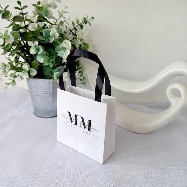 Goodie bag small 4*4*1.5 in with satin ribbon handles - Custom bag, Personalized small Paper Bag for business, presentation, event, party