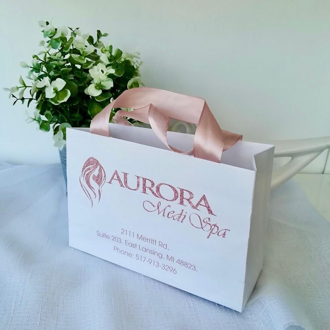 Logo Paper Bags With Satin Ribbon Handles 20147cm Happy Holidays Custom Personalized Small Paper