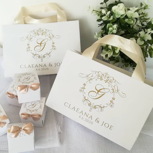 Wedding gift paper Bags beige satin ribbon handles 20*14*7cm  - Custom Personalized small Paper Bag for business, event, party, birthday