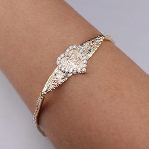 10k & 14k Solid Gold Quinceanera 15th Birthday Heart CZ Bracelet for Women/Girl - Elegant Jewelry Gift for Her Crown Bracelet  15th anos