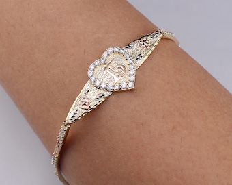 10k Solid Gold Quinceanera Heart CZ Bracelet: Elegant Crown Jewelry