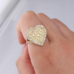 Real 10k Gold Nugget Heart Ring, 10k Heart Nugget Ring, Heart Shaped Ring, CZ Nugget Heart Ring | Gift for Her