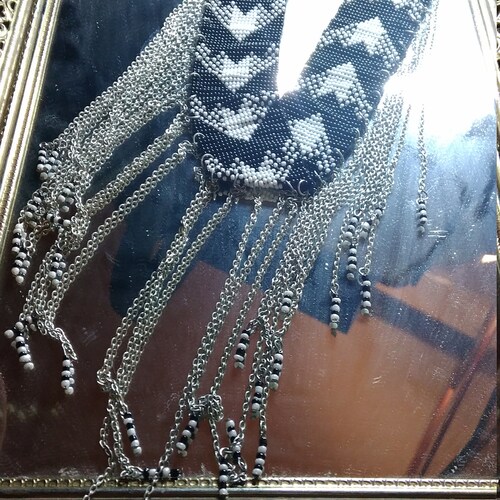 Black, Silver, shops and White Beaded Fringe Necklace