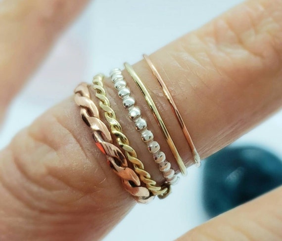 Mixed Metal Stacking Ring Set For Dainty Copper 14k Twisted  Gold Pure Copper Sterling Silver Beaded